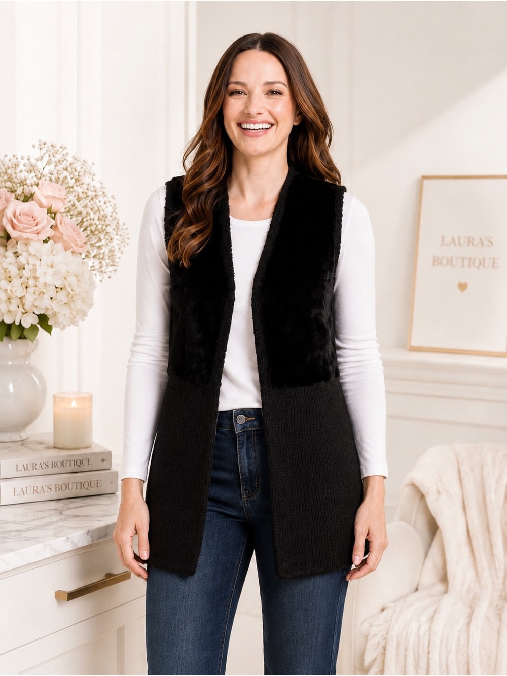 Style & Co Black Faux Fur Knit Vest Open Front Cozy Boho NWT M